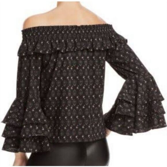 MISA Los Angeles Saskayi Off Shoulder Long Sleeve Tiered Ruffle Burgundy Blouse - Picture 10 of 11